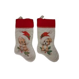 Vintage Morehead Puppy Dog Cat Kitten Wearing Santa Hat Christmas Stocking 15"
